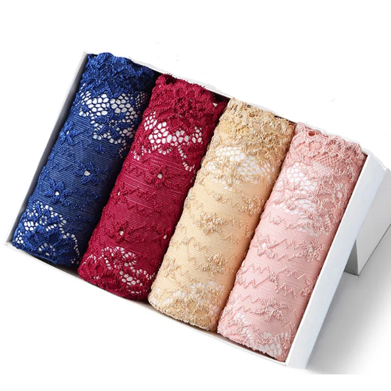 4Pcs/lots  Women's Health Elastic Panties Solid High-waist Lace Underwear Briefs Big Size Women Intimates L XL 4 Colors