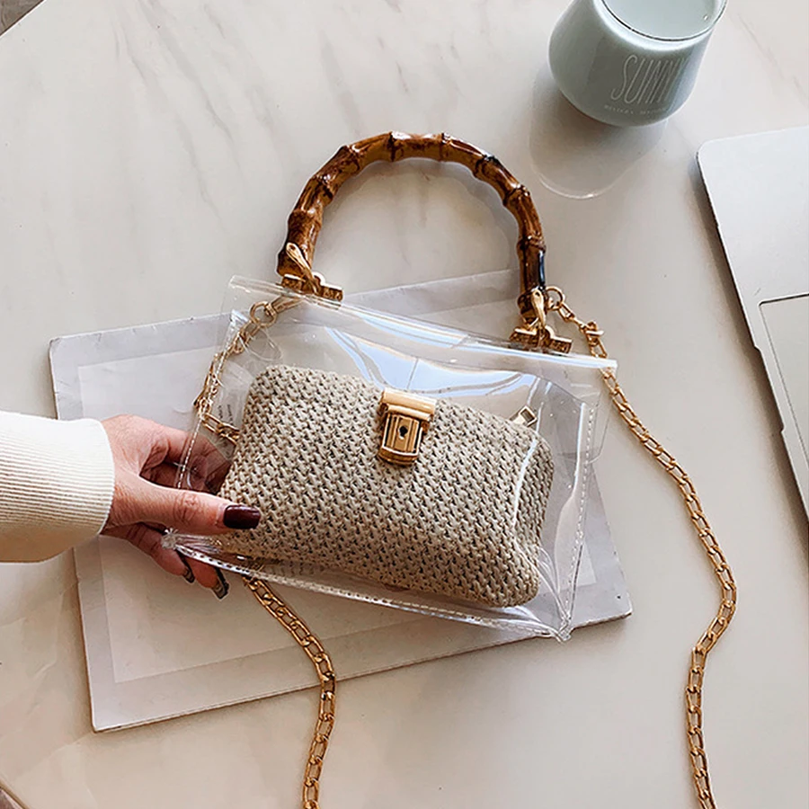 

Fashion Transparent Jelly Women Handbag Brand Summer Woven Bamboo Handle Bohemia Lady Shoulder Crossbody Bag Clear PVC Beach Bag