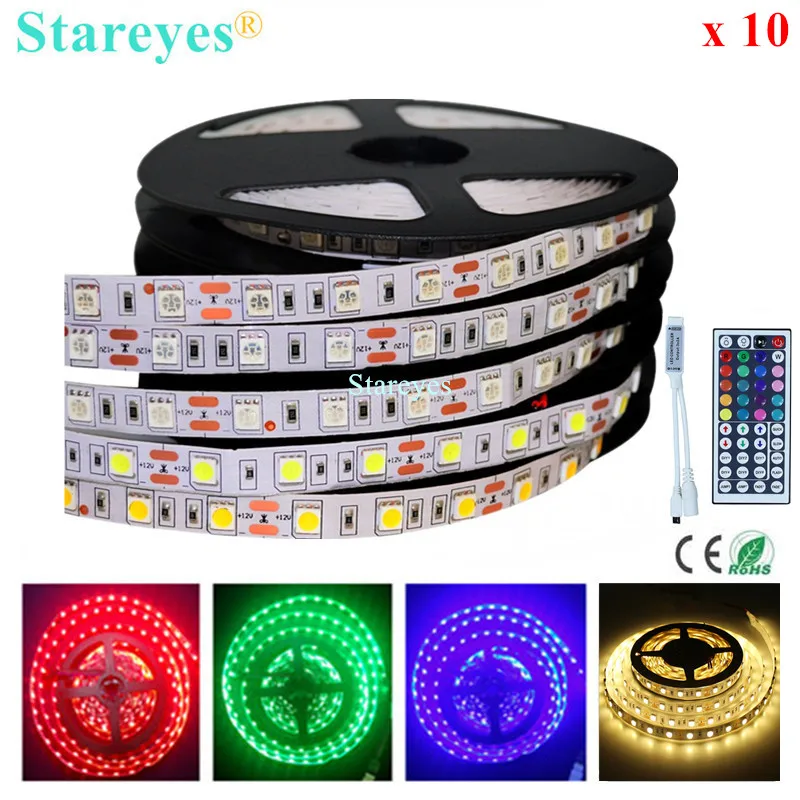 10 шт. SMD 5050 60 светодио дный/m RGB Светодиодные ленты 5 м 300 светодио дный DC12V не Водонепроницаемый фонарик полоска строки ленты светодио дный