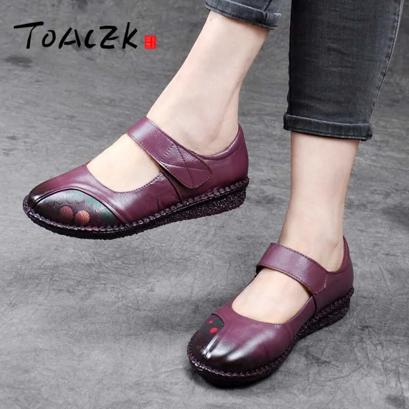 

Spring folk style leather shoes printed flat shoes with soft sole mother shoes comfortable flat shoes