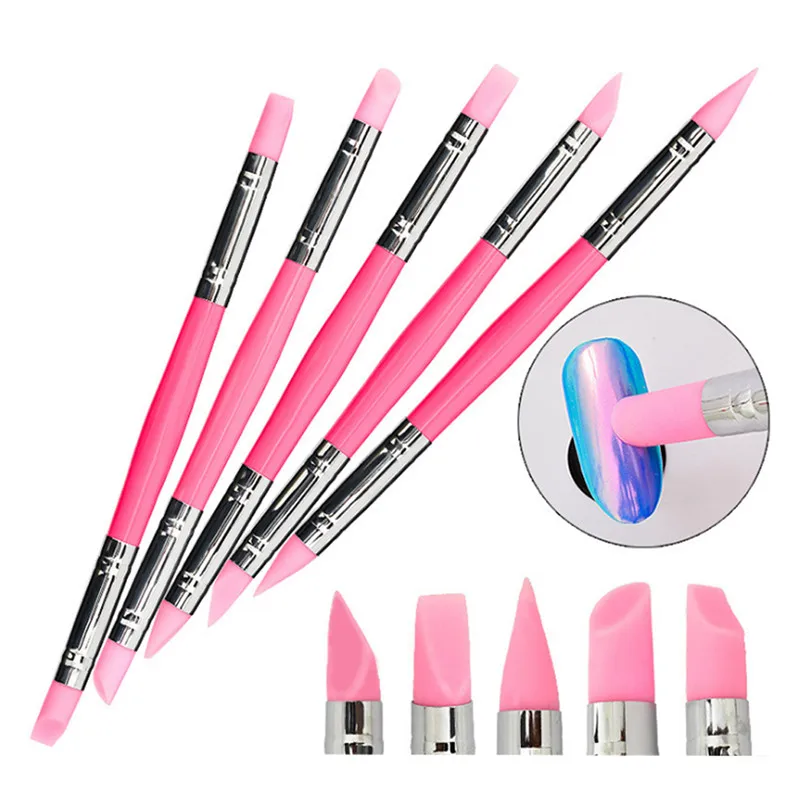 

5Pcs Double Head Silicone Nail Art Brush Dual End Sculpture Pen Mirror Powder Dust Applicator Diy 3d Manicure Accessories Set
