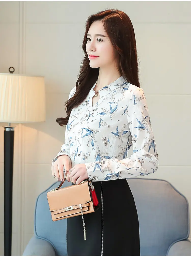 2019 New Autumn Chiffon Blouse Women Ladies Shirts Floral Print Blusas Mujer V-neck Long Sleeve Shirt Women Tops Plus Size (5)