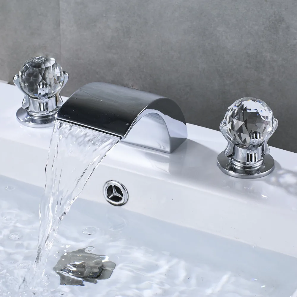 Chrome Brass Waterfall Bathroom Basin Sinal Faucet Dual Crystal Handle