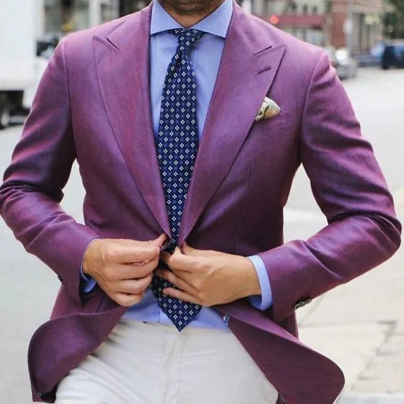 

2017 new Style Purple Men Suit Blazer White Pants Custom Cool Wedding Party Tuxedos Terno Masculino men suits (Jacket+Pants)