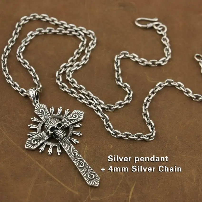With 24inch Silver N LINSION Высокая деталь 925 Череп из серебра крест мужские байкерские панк-кулон TA81 - Окраска металла: With 24inch Silver N