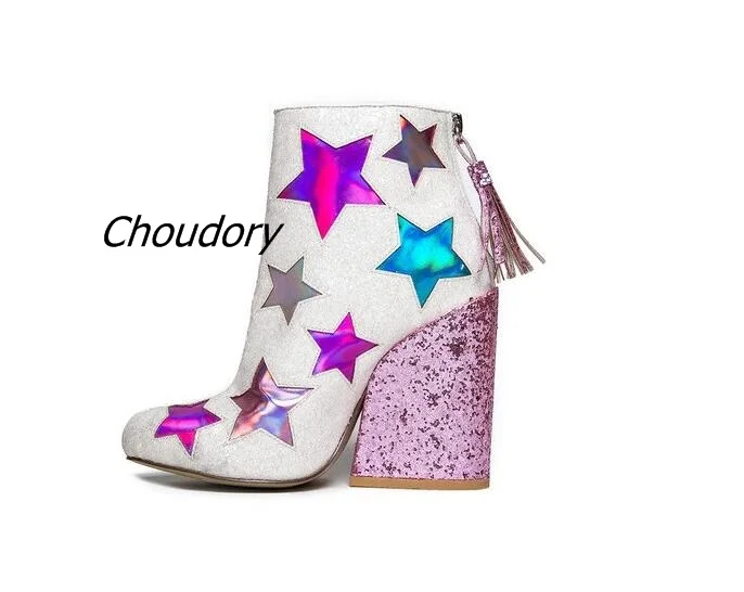 

2017 New Arrival Glittering Sequins Block Heel Ankle Boots Fashion Women Stars Color Matched Fringe High Heels Fancy Dress Shoes