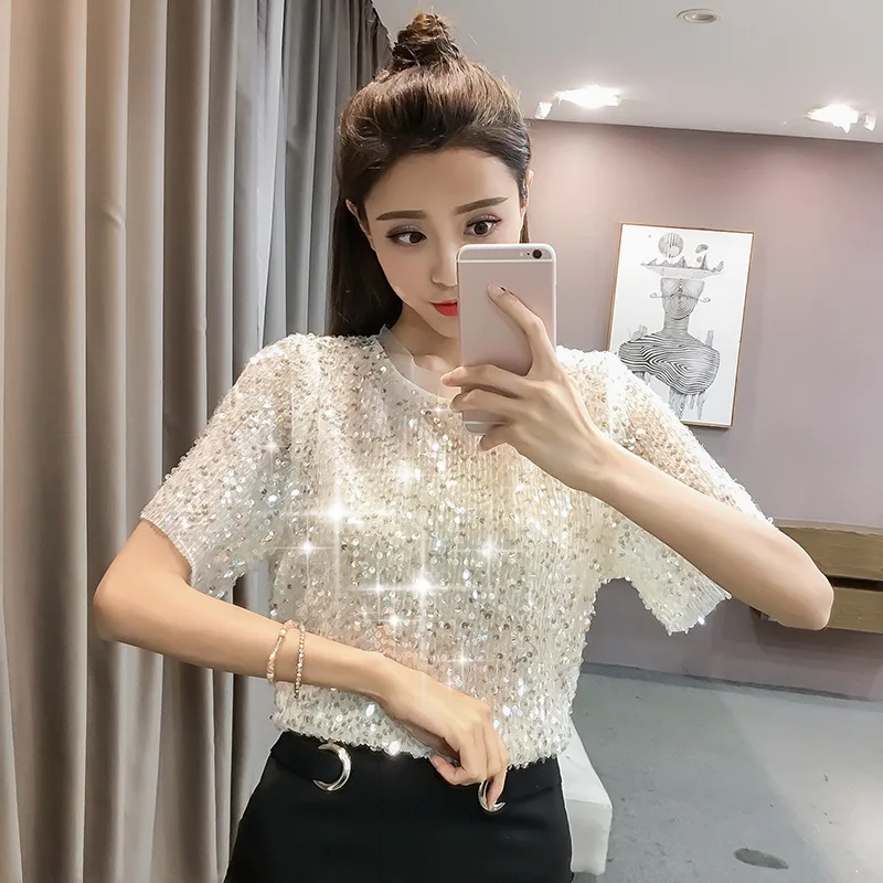 

2019 Summer Tee Shirt Glistening Tshirt Sequins T Shirt Women Tops Casual T-Shirt Girls Short Sleeve Camisetas Mujer Verano