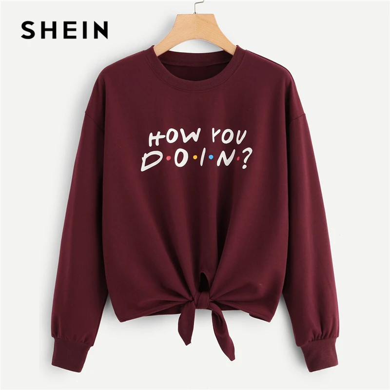 Tanie SHEIN burgundii Knot przednia list druku spadek ramię bluza z kapturem kobiety jesień z długim rękawem O Neck Casual bluzy