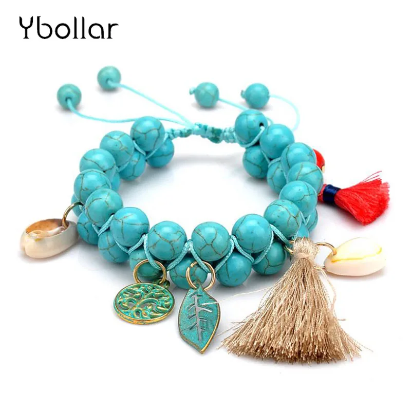 

BOHO Women Turquoises Bracelets Two Layers Charms Handmade Braided Tassel Leaf Tree Pendant Bangle Jewelry Gift