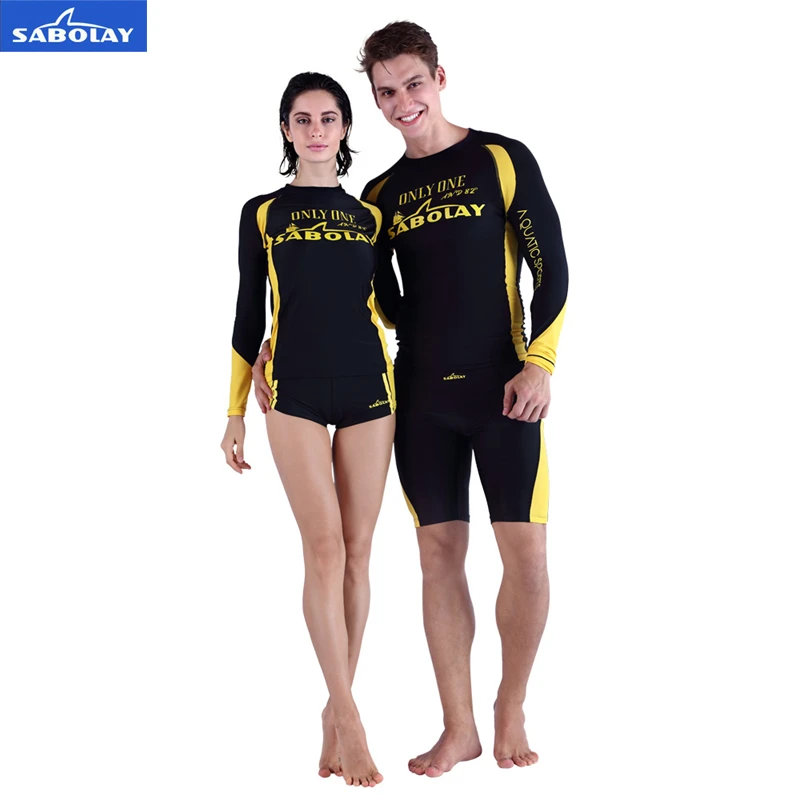 

SABOLAY Men Women Soft Lovers Style Rashguard Super elastic surf Quick dry Beach Surfing T Shirt Shorts Lycra Swim Rash Guards