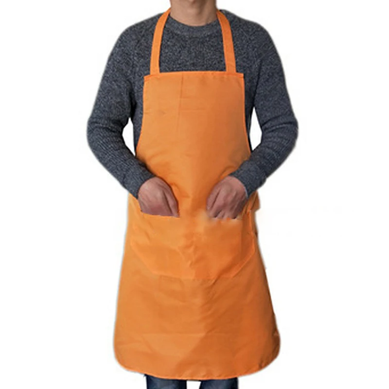 Однотонный фартук для приготовления пищи для женщин и мужчин, кухонный утепленный фартук для уборки дома из хлопка и полиэстера с двойным карманом, Прямая поставка - Цвет: Оранжевый