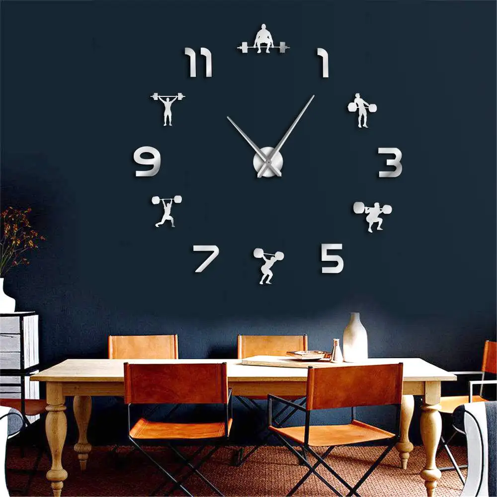 Weightlifting Fitness DIY Giant Clock GYM Wall Sticker Watch 3D Luxury