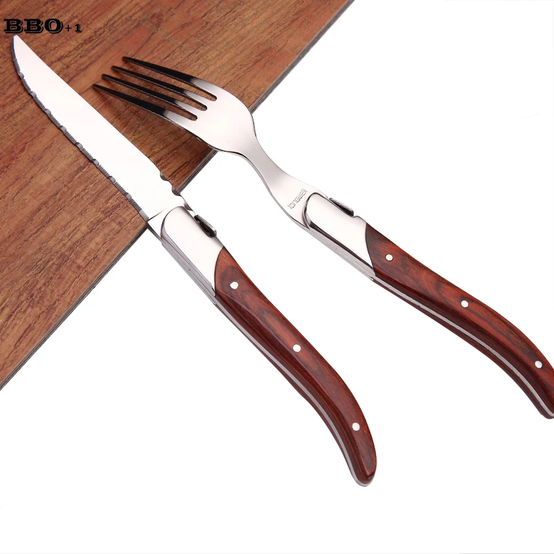 3pcs Stainless Steel Laguiole Steak Knife Steak Fork Set Red Wood