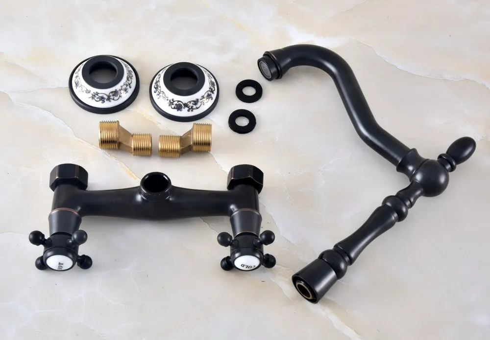 Black Oil Rubbed Bronze Brass Two Cross Handles Wall Mount Swivel Spout Kitchen & Bathroom Basin Sink Faucet Mixer Tap anf462