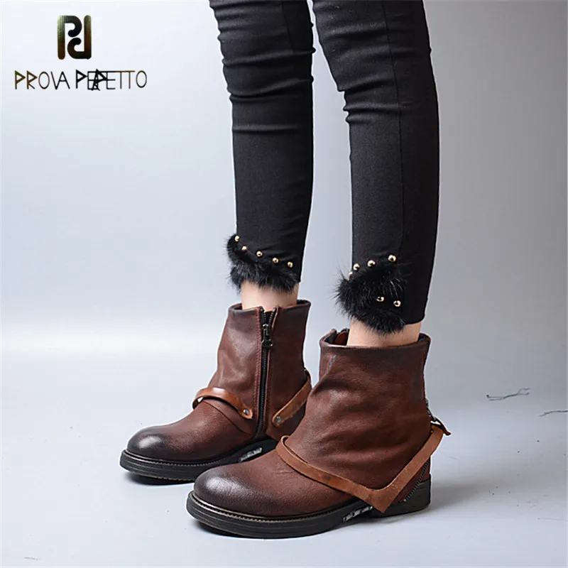 

Prova Perfetto Spring And Autumn Solid Cow Genuine Leather Strap Decoration Woman Boots Retro Design Zipper-side Low Heel Boots
