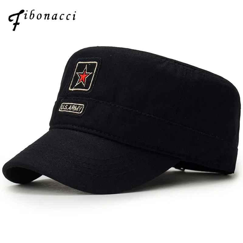 

Fibonacci 2018 New Classic Men Military Caps Army Cadet Hats Cotton Patrol Cap Adjustable Five Pointed Star Flat Top Hat