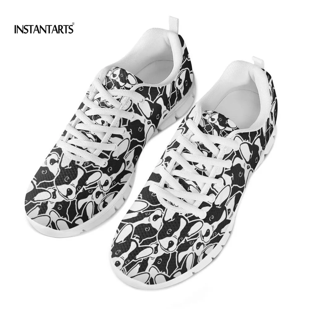 

INSTANTARTS Casual Mesh Sneakers Women Fashion Breathable Flat Shoes Cute Cartoon Bulldog Pattern Woman Lace Up Girl Flats Shoe