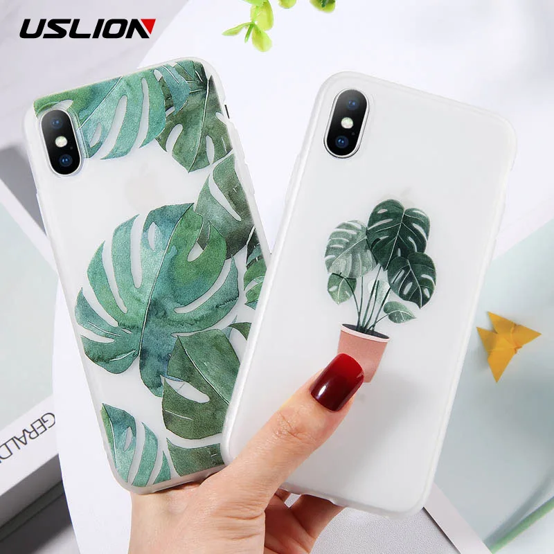 

USLION Potted Plant Phone Case For iPhone X XR Xs Max Matte Soft TPU Green Leaves Back Cover For iPhone 6 6s 7 8 Plus 5 5s SE