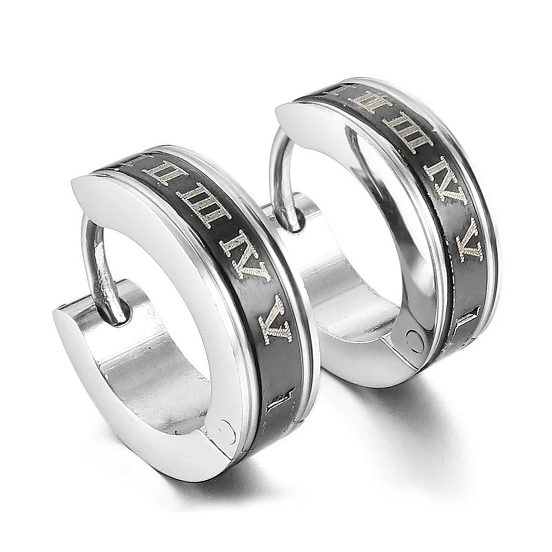 Stainless steel stud plugs hoop earrings ear studs Black Silver Roman numerals classic polished men women