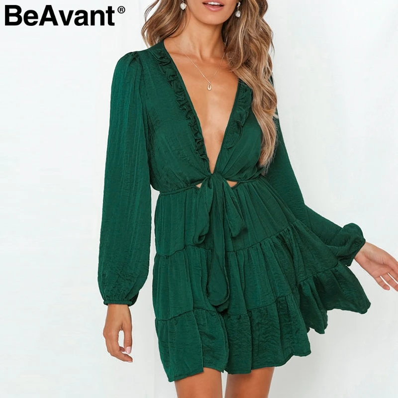

BeAvant Sexy v-neck women autumn dress Elegant long sleeve lace up ruffled mini dresses Party club office ladies short vestidos