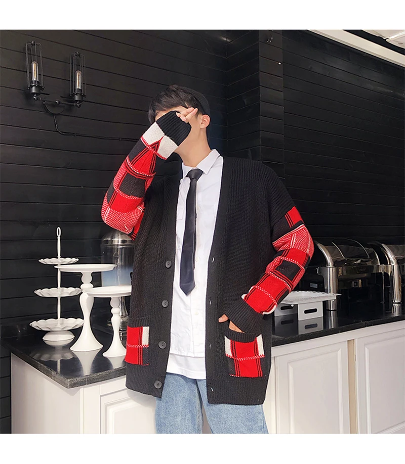 Korean Oversized Sweater Cardigan Men Plaid  (16)