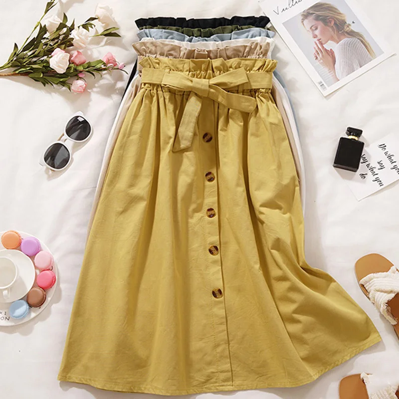 Весна Лето юбки женские миди до колена корейские на элегантных кнопках Высокая талия юбка женская плиссированная школьная юбка - Цвет: yellow
