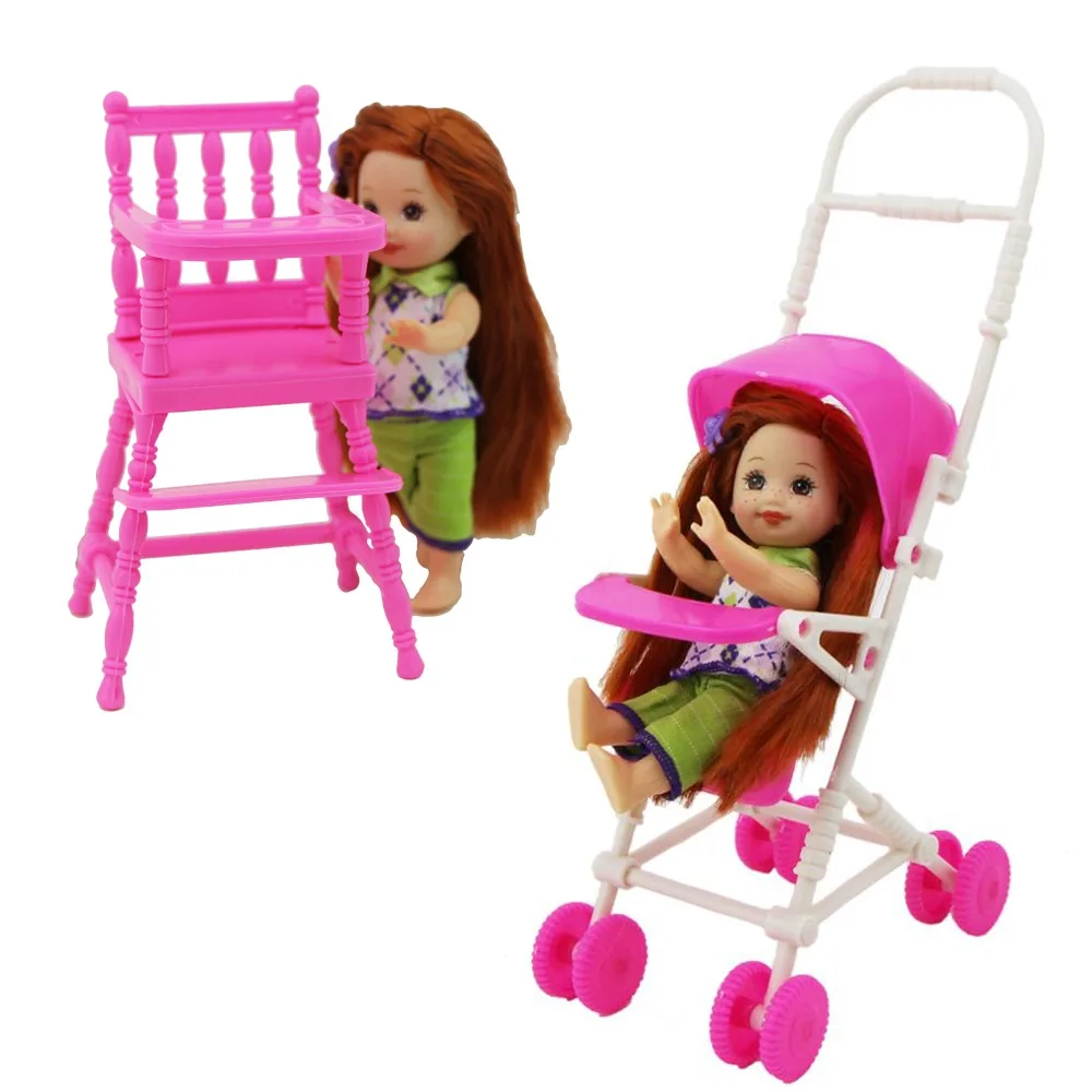 Пластиковая розовая детская коляска на колесиках, высокий стул, кукольный домик, Аксессуары для мини-мебели для Келли, куклы, детские игрушки
