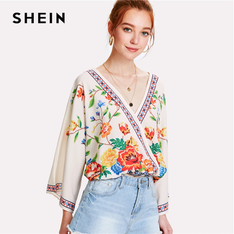 SHEIN Цветочный Топ Летние Цветочные Блузы С V-образным Вырезом С Длинным Рукавом