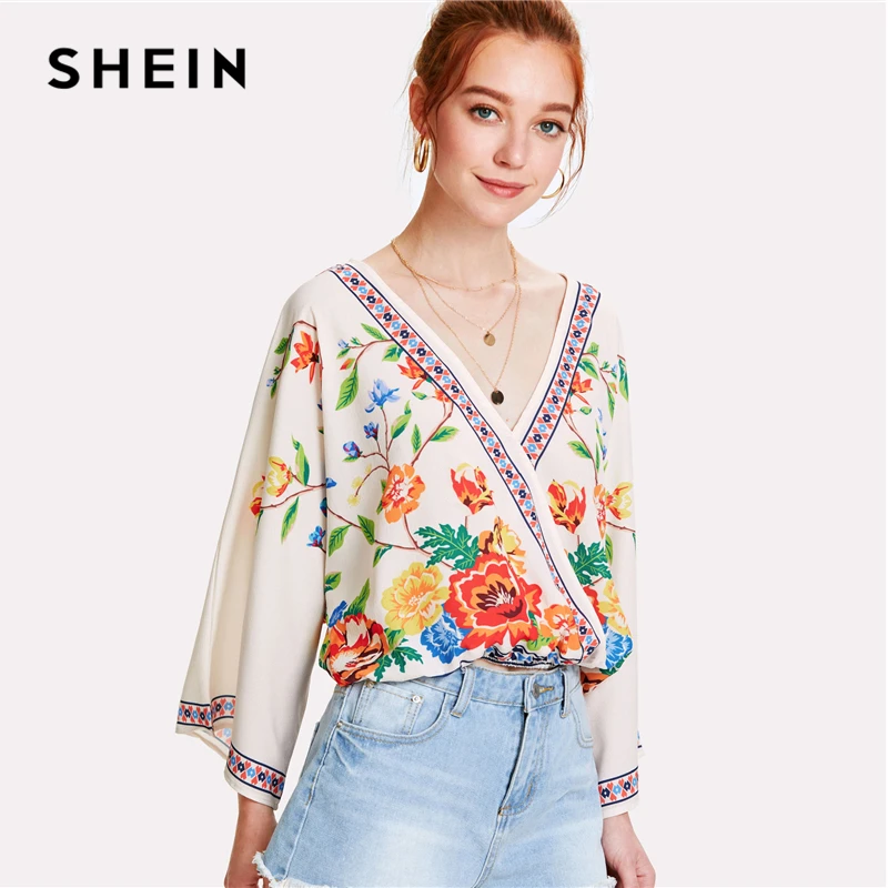 SHEIN Цветочный Топ 2019 Летние Цветочные Блузы С V образным Вырезом Длинным