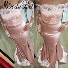 Satin Prom Kleider Meerjungfrau Vestido De Noche Bodenlangen Seiten-schlitz Lange Ärmel Abendkleider Appliques Afrikanische Abendkleider