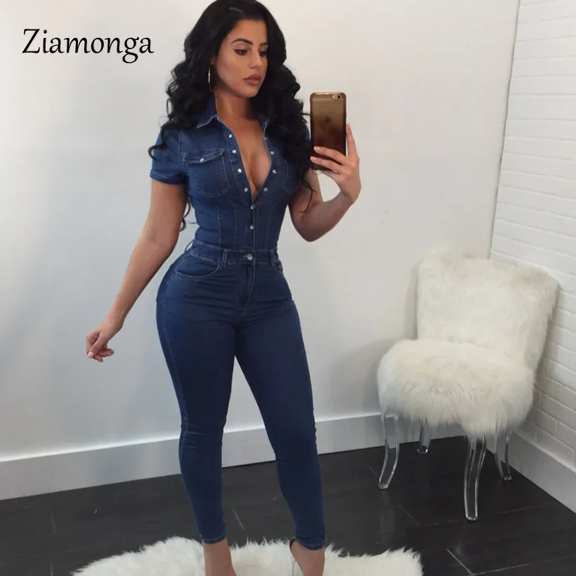 Ziamonga Women Denim Jumpsuits Elegant Overalls Women Short Sleeve V