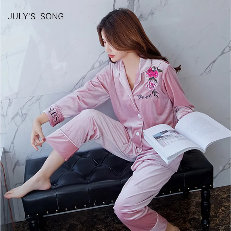 Женская бархатная Пижама JULY'S SONG зимняя теплая с цветочной вышивкой одежда для