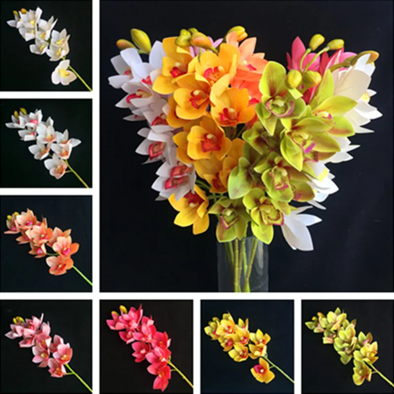 4p Artificial Latex Cymbidium Orchid Flowers 10 heads Real Touch Good