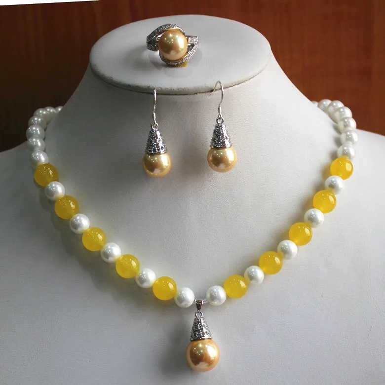 

hot sell new - birthday gift! jewelry set!Wholesale Women's 8mm white pearl mixed yellow jade Necklace earring ring(7/8/9) set