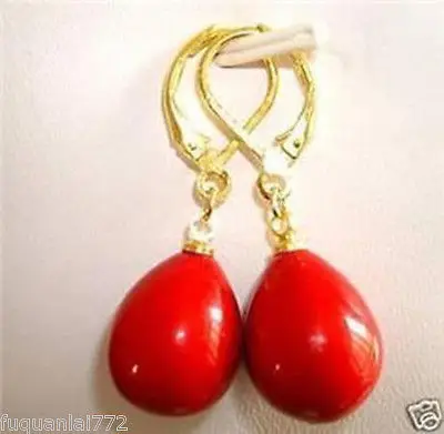 

FREE SHIPPINGPair HOT RED Sea Shell Pearl Drop Earrings Leverbacks AAA+