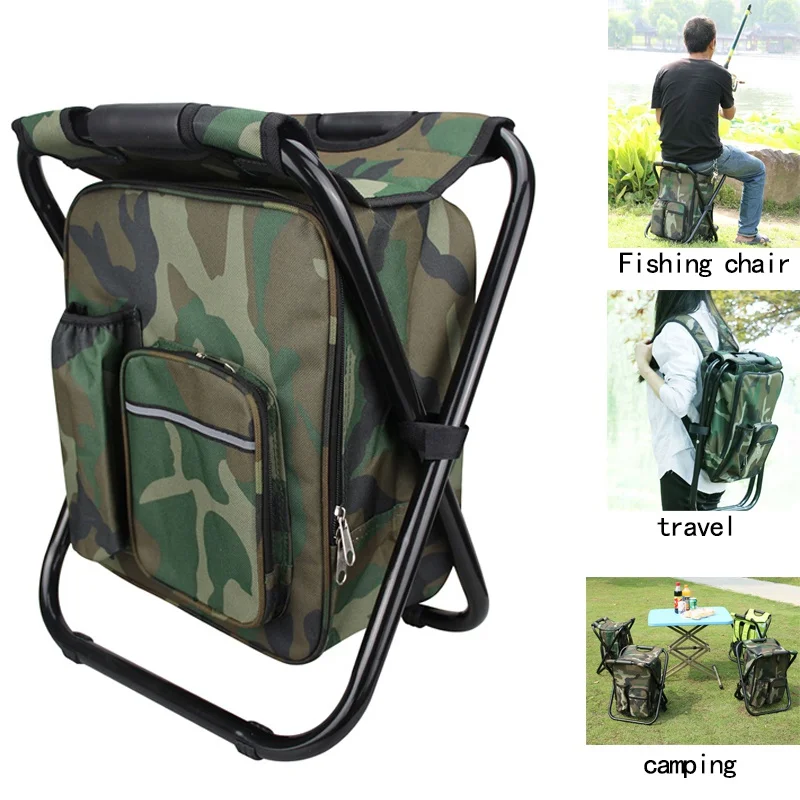 

Foldable Camping Fishing Chair Stool Backpack with Cooler Insulated Picnic Bag Hiking Camouflage Seat Table Bag