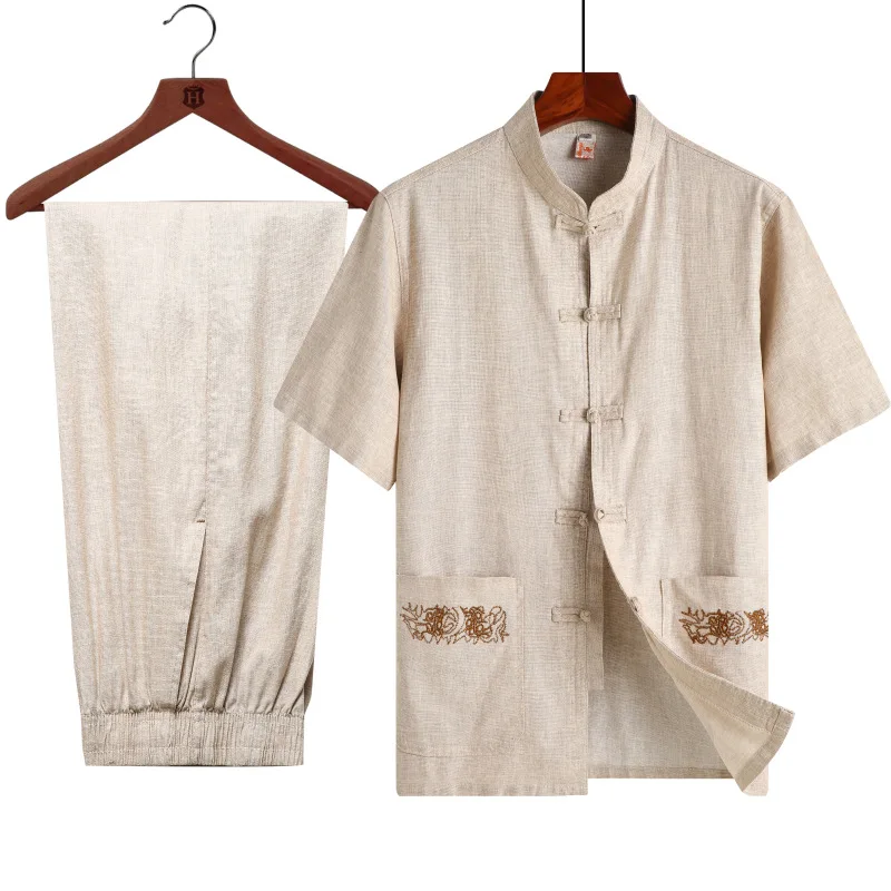 Летняя футболка с коротким рукавом и брюки набор Китайский Для мужчин воротник-стойка тай-чи Танг костюм традиционный кунг-фу одежда плюс