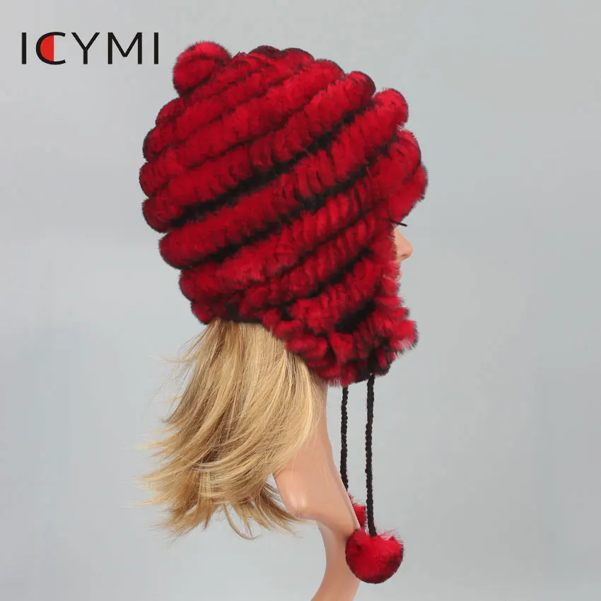 ICYMI, женские зимние шапки, шапка из настоящего меха с помпонами, полосатая повседневная женская шапка, для русских девушек, женская шапка из меха кролика рекс