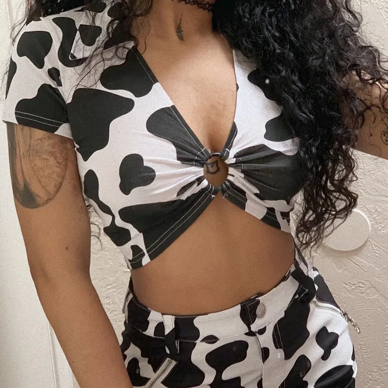 

Animal Print Kawaii Cropped Feminino Tshirt Women Korean Style V-Neck Cow T-Shirts Short Sleeve Hollow Sexy Summer Tops