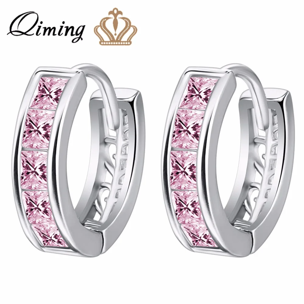 

QIMING New White Gold Fashion Earrings Pink Cubic Zirconia Hoop Huggie Earrings Women Girls Jewelry Engagement Gift