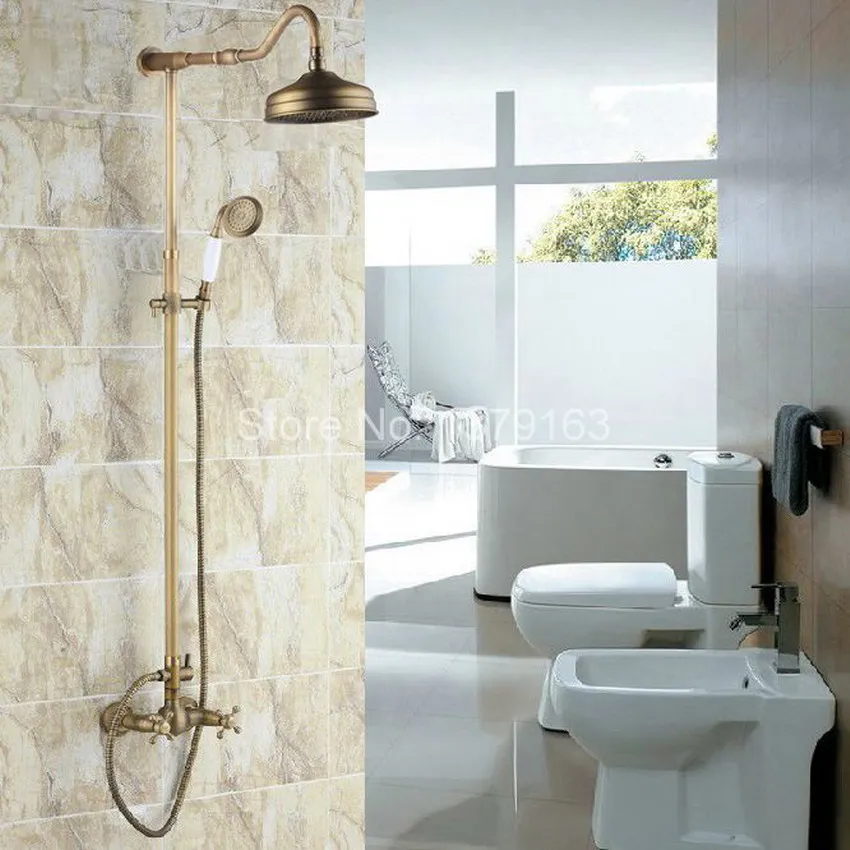 

Luxury Bathroom Rain Shower Faucet Set Antique Brass Handheld Shower Head Two Cross Handles Bath Mixer Tap ars138