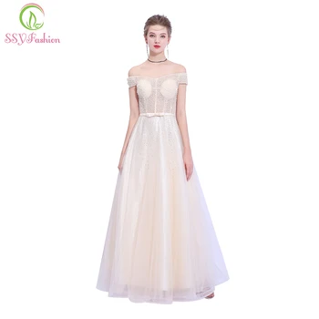

Clearance Luxury Handmade Beading Evening Dress Banquet Elegant Champagne Floor-length Boat Neck Prom Party Formal Gown