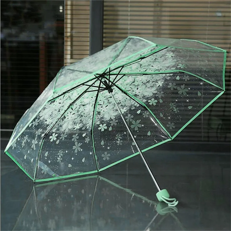 4-цветен дамски чадър за дъжд Прозрачен прозрачен черешов цвят Гъба Apollo Sakura отпечатан трисгъваем чадър AU10 # F (7)