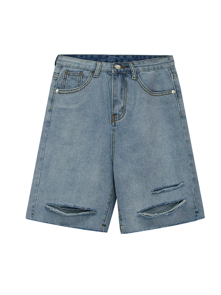 Корейские летние джинсовые шорты с пятью точками, синие потертые джинсы с высокой талией, джинсовые шорты с дырками и карманами, Широкие джинсовые шорты