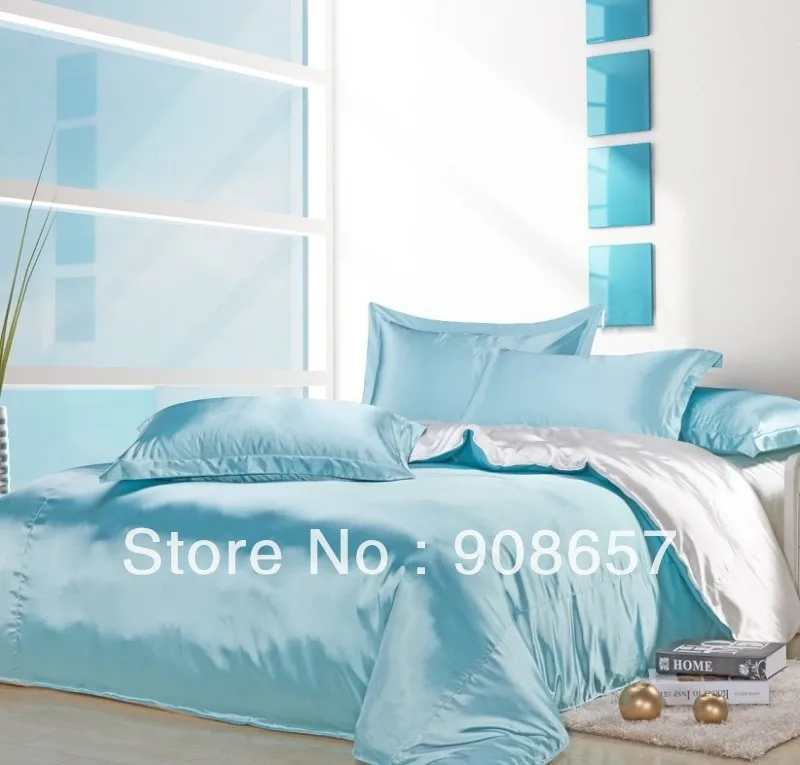 Light Blue White Mix Match Colors Smooth Tribute Silk Satin Bed