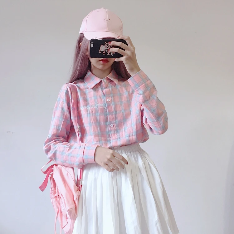 

Sweet Plaid Shirt Women 2019 New Korean Embroidery Student Shirt Women's Long Sleeve Fashion Fresh Casual Shirt
