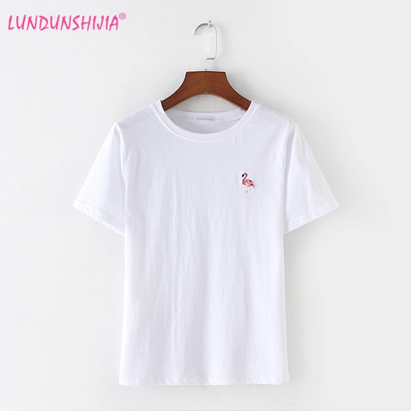 

LUNDUNSHIJIA Chic Women Tops 2018 Summer Print Pink Flamingo Cartoon White Tshirts Cotton Women Fashion Wholesale Size S-XL