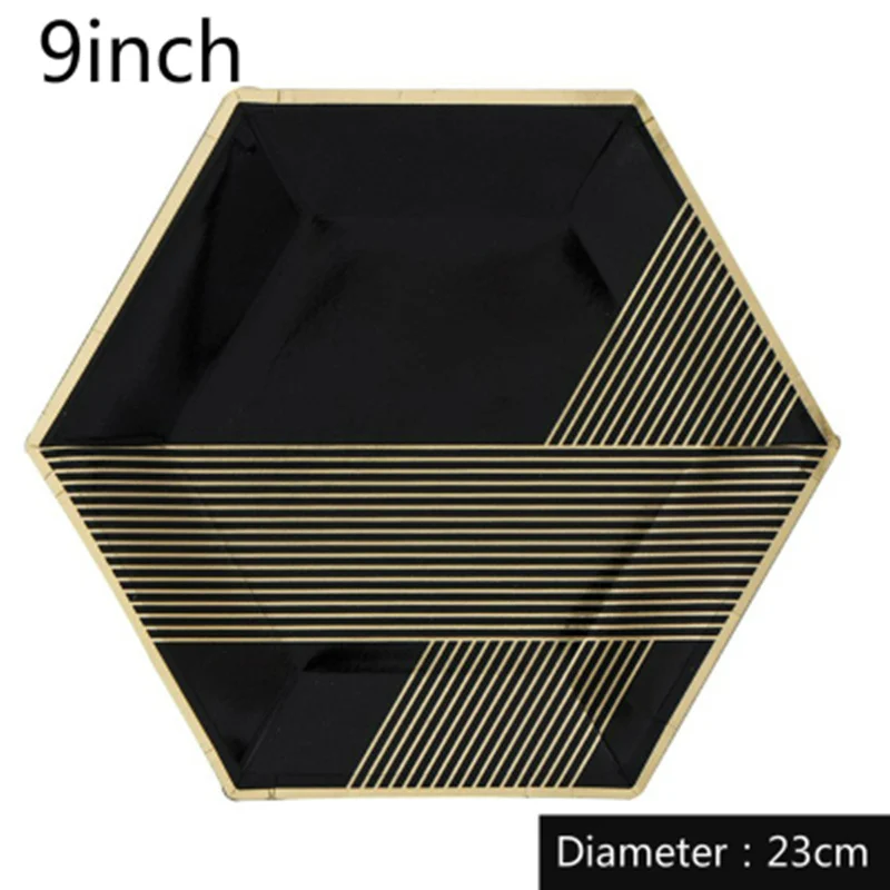 

24pcs Hexagon Paper Plates Black with Foil Gold Tableware Large 9inch Small 7inch Party Plate for Wedding Birthday Dessert Party