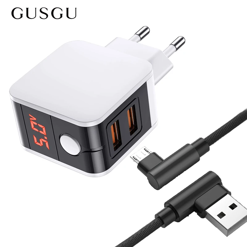 GUSGU, двойное зарядное устройство USB, штепсельная вилка европейского стандарта, настенное зарядное устройство с 90 градусов, локоть, зарядный шнур, кабель Micro USB для передачи данных, для samsung S7, Xiaomi, huawei