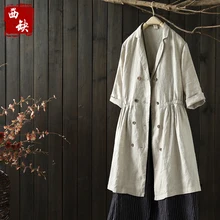 2017 new cute and sweet All-match medium-long three quarter sleeve linen trench outerwear female autumn suit